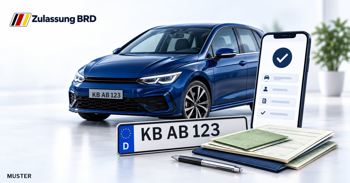 Online Fahrzeugzulassung in Diemelstadt: Musterkennzeichen KB AB 123, Auto und Fahrzeugpapiere und Smartphone. Illustration mit Logo von Zulassung BRD.